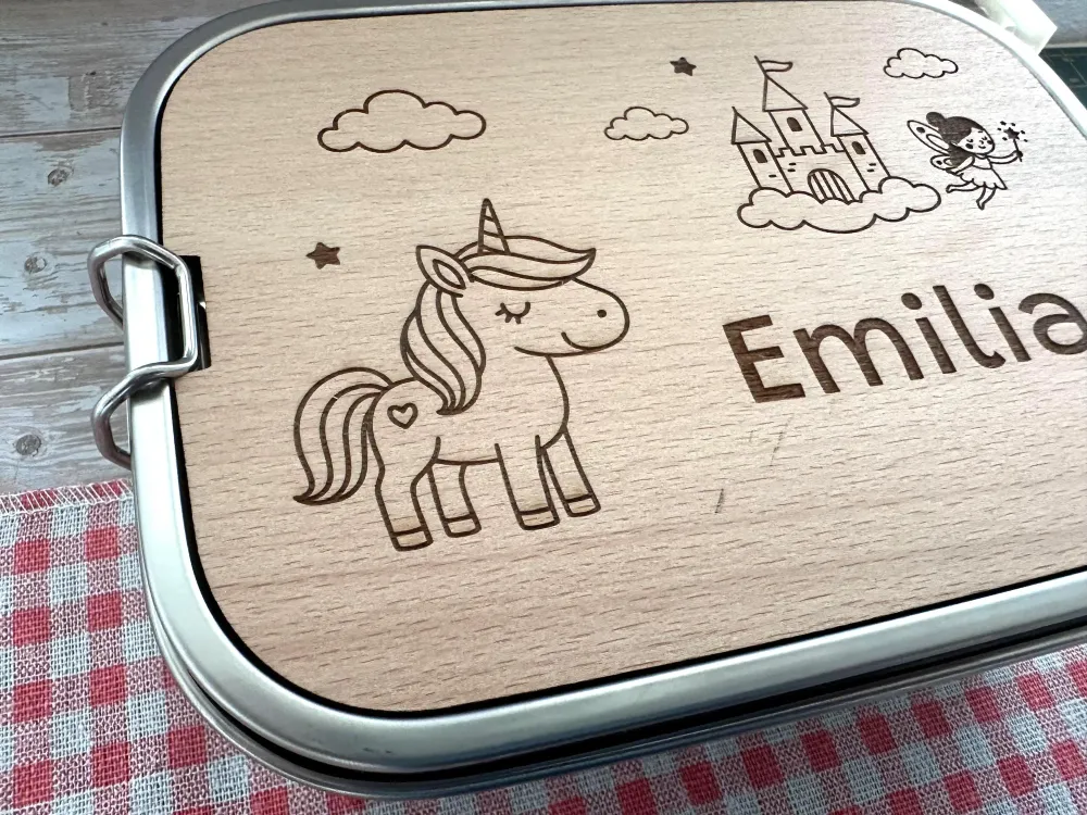 Personalisierte Brotdose Edelstahl, mit Namen,Einhorn, Schloss und Fee, wasserdicht mit Trennsteg & Schneidebrett, Geschen...