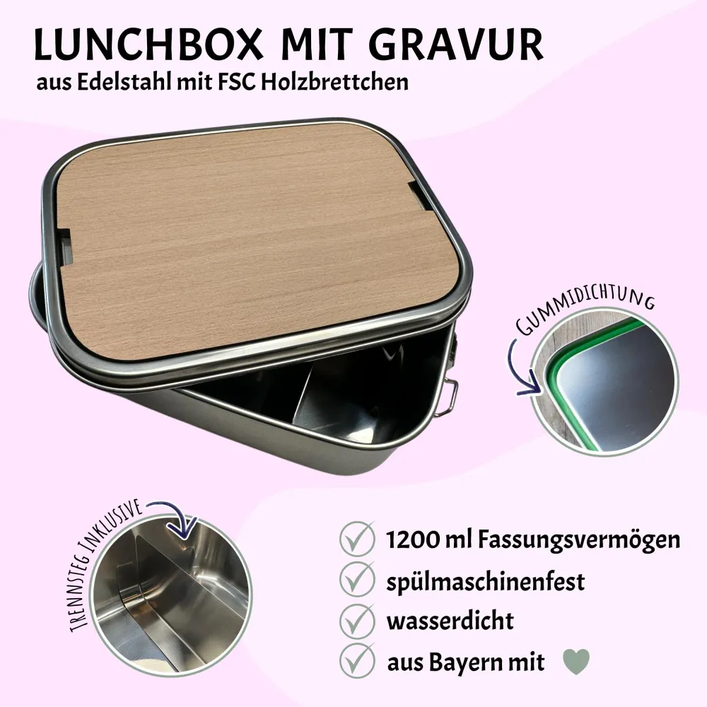 Personalisierte Brotdose Edelstahl, mit Namen,Einhorn, Schloss und Fee, wasserdicht mit Trennsteg & Schneidebrett, Geschen...