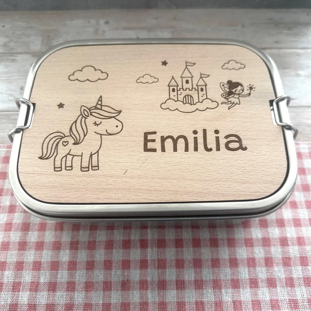 Personalisierte Brotdose Edelstahl, mit Namen,Einhorn, Schloss und Fee, wasserdicht mit Trennsteg & Schneidebrett, Geschen...