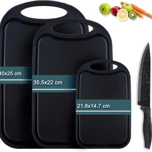 Schneidebrett Set Kunststoff Schwarz Saftrille Messer
