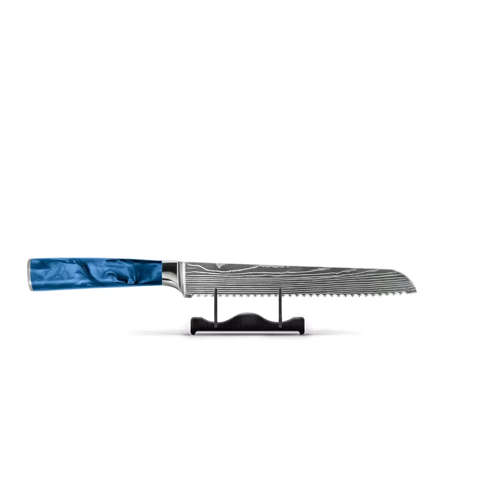 Shinrai Knives – 3-teiliges Messerset mit Damaszener-Print und Epoxid-Saphir – Kochmesser + Brotmesser + Schälmesser
