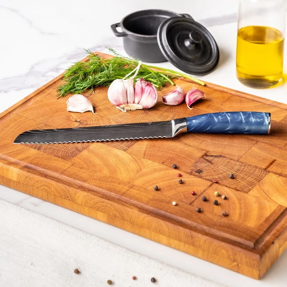 Shinrai Knives – 3-teiliges Messerset mit Damaszener-Print und Epoxid-Saphir – Kochmesser + Brotmesser + Schälmesser
