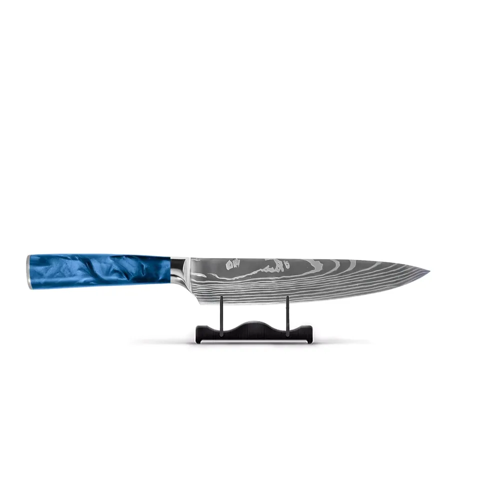 Shinrai Knives – 3-teiliges Messerset mit Damaszener-Print und Epoxid-Saphir – Kochmesser + Brotmesser + Schälmesser