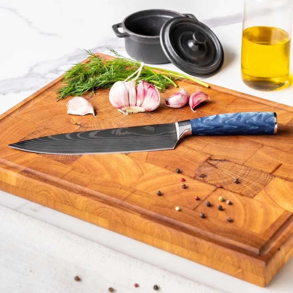 Shinrai Knives – 3-teiliges Messerset mit Damaszener-Print und Epoxid-Saphir – Kochmesser + Brotmesser + Schälmesser