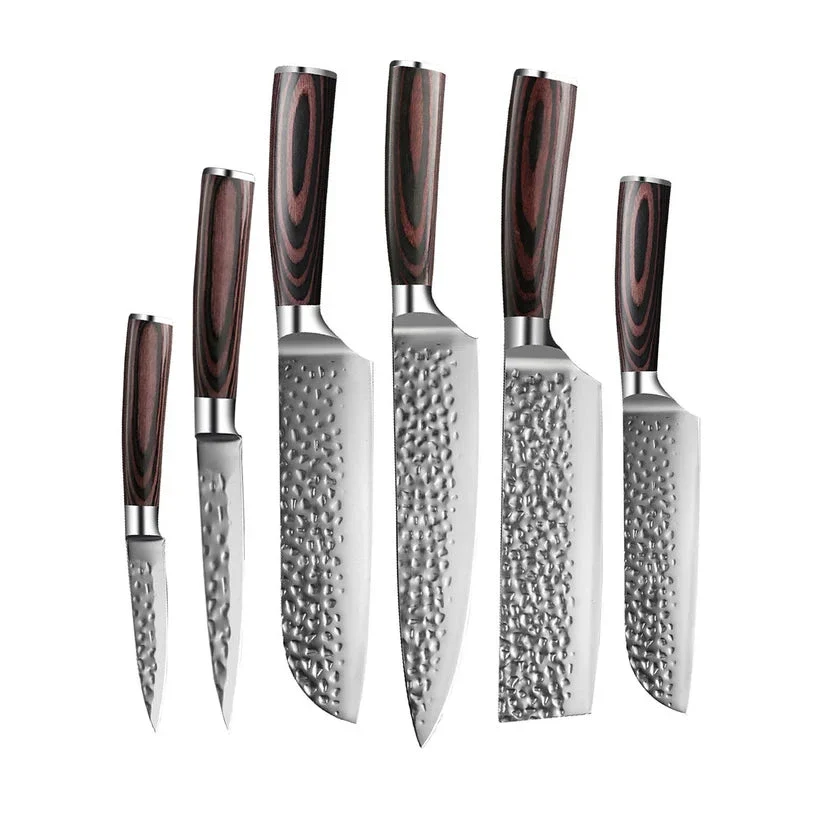 Shinrai Knives - 6-teiliges Messerset aus gehämmertem Edelstahl + Messerblock Stans