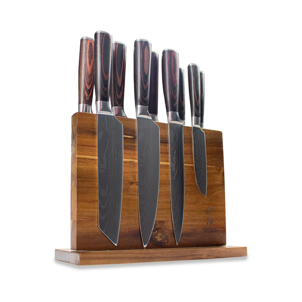 Shinrai Knives - Damascus Print 9-teiliges Messerset + magnetischer Messerblock doppelseitig
