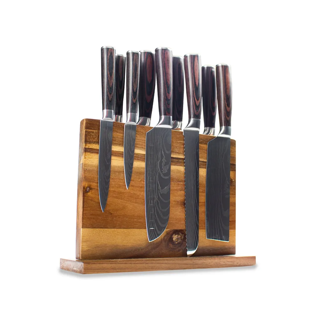 Shinrai Knives - Damascus Print 9-teiliges Messerset + magnetischer Messerblock doppelseitig