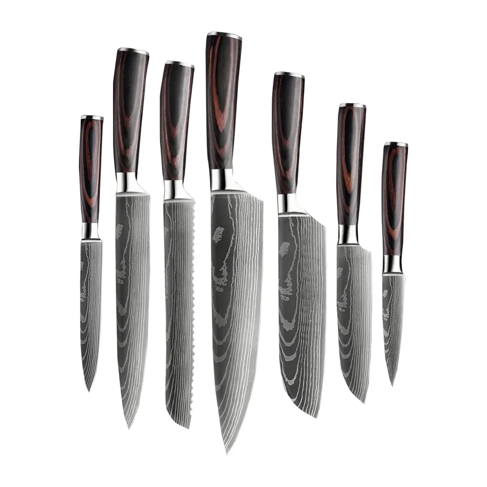 Shinrai Knives - Damascus Print 9-teiliges Messerset + magnetischer Messerblock doppelseitig