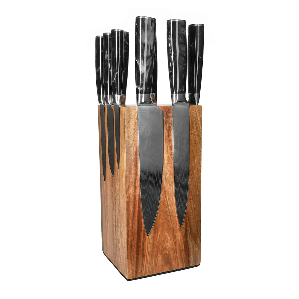 Shinrai Knives - Damascus Print Onyx 9-teiliges Messerset + Messerblock Rotate
