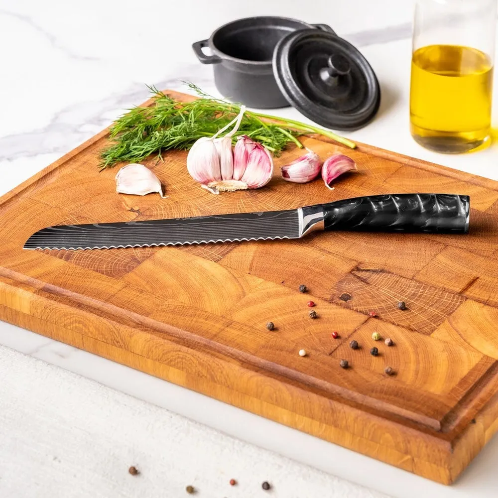 Shinrai Knives - Damascus Print Onyx 9-teiliges Messerset + Messerblock Rotate