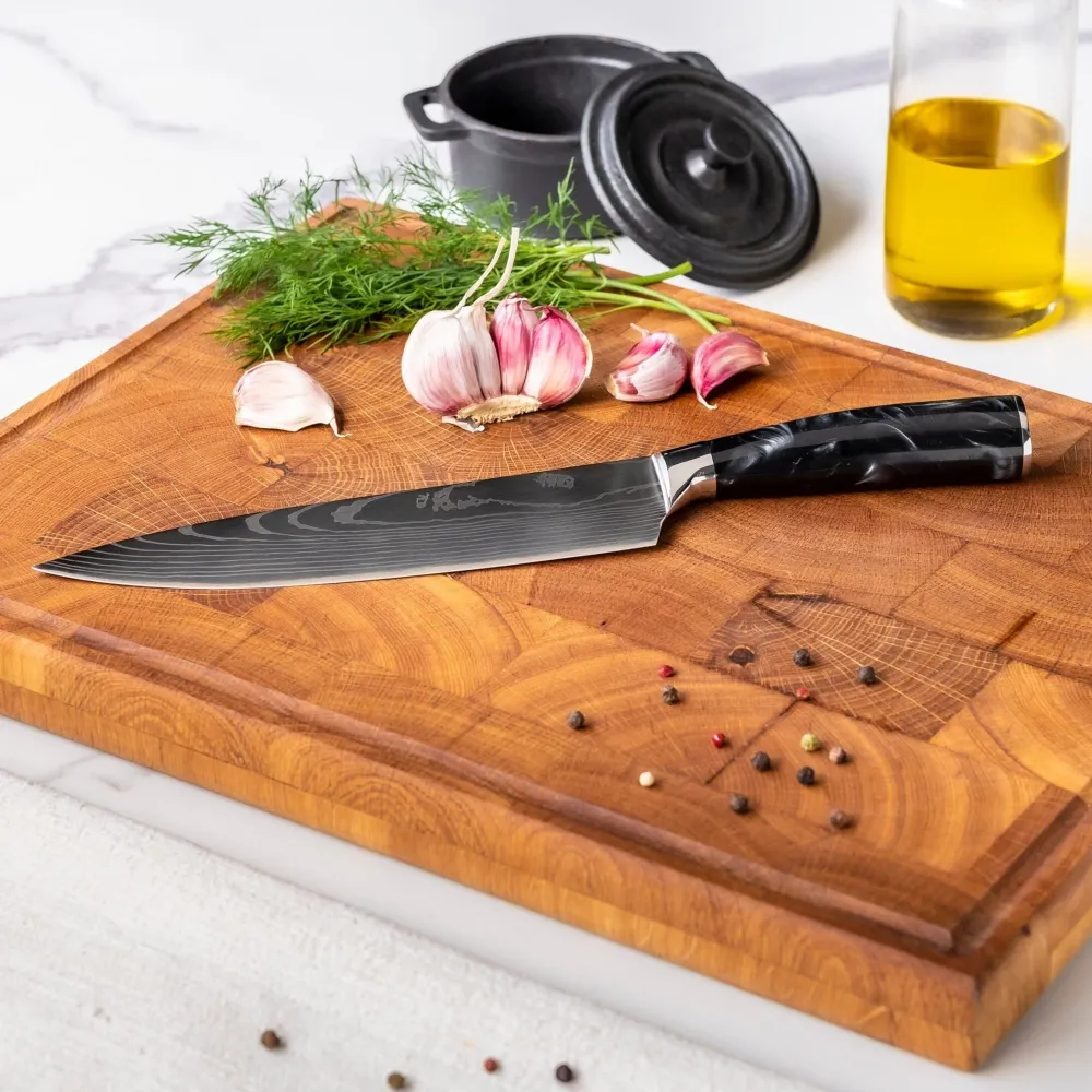 Shinrai Knives - Damascus Print Onyx 9-teiliges Messerset + Messerblock Rotate