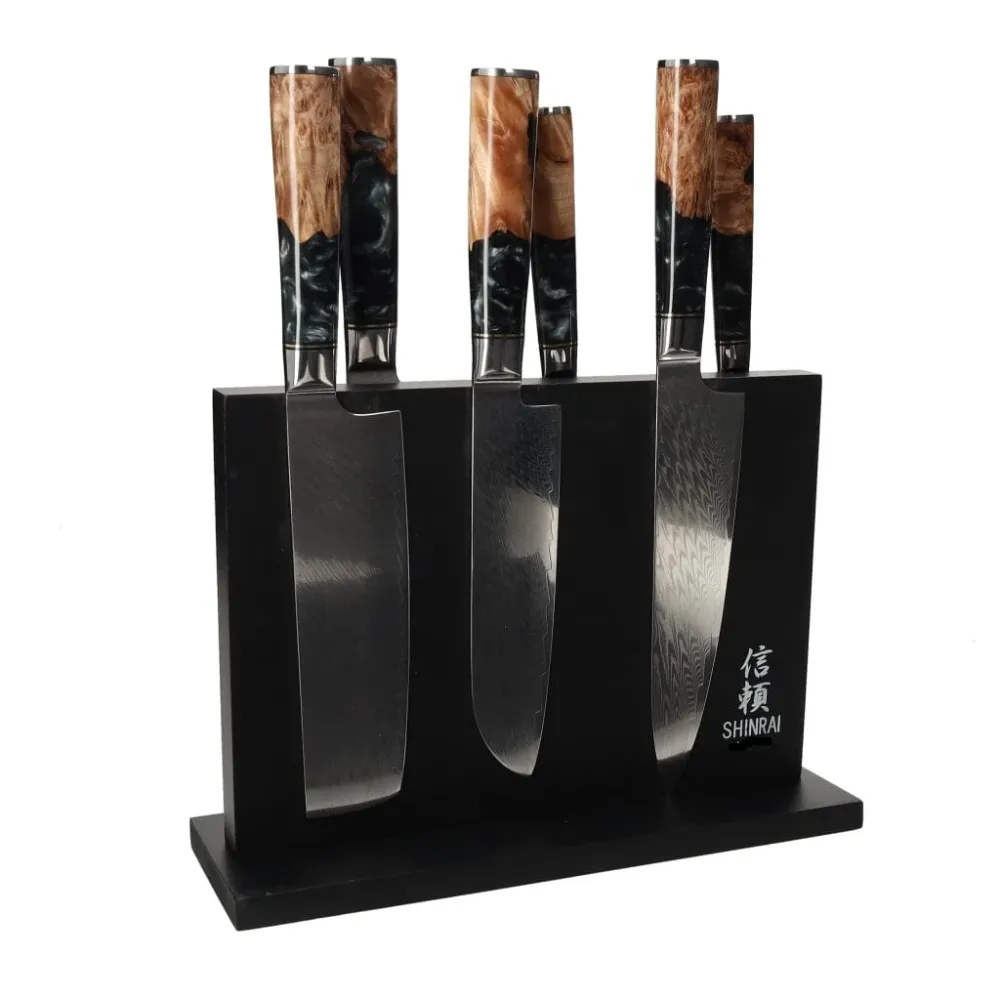 Shinrai Knives – Epoxy Onyx 6-teiliges Damaskus-Messerset + magnetischer Messerblock doppelseitig – Schwarz
