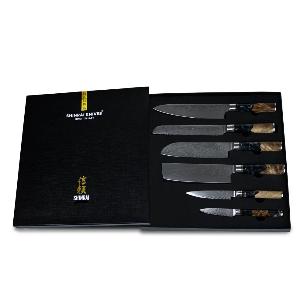 Shinrai Knives – Epoxy Onyx 6-teiliges Damaskus-Messerset + magnetischer Messerblock doppelseitig – Schwarz