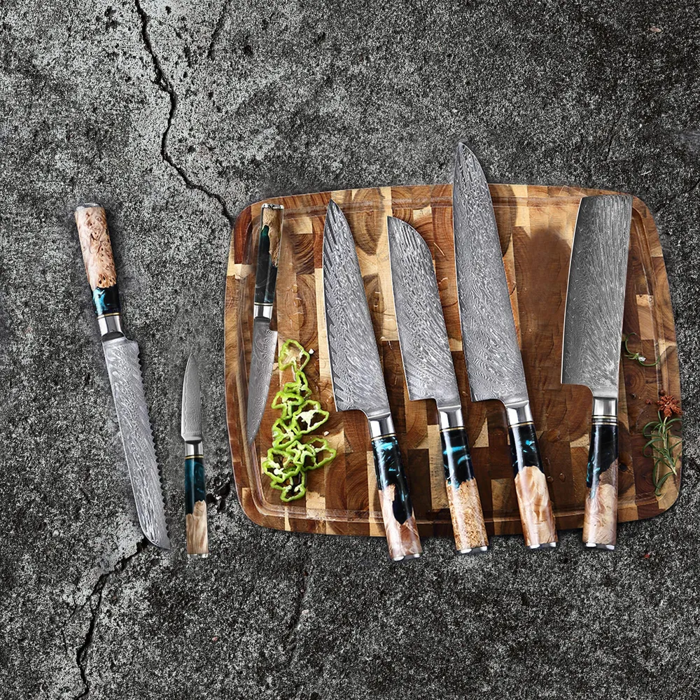 Shinrai Knives – Epoxy Onyx 6-teiliges Damaskus-Messerset + magnetischer Messerblock doppelseitig – Schwarz