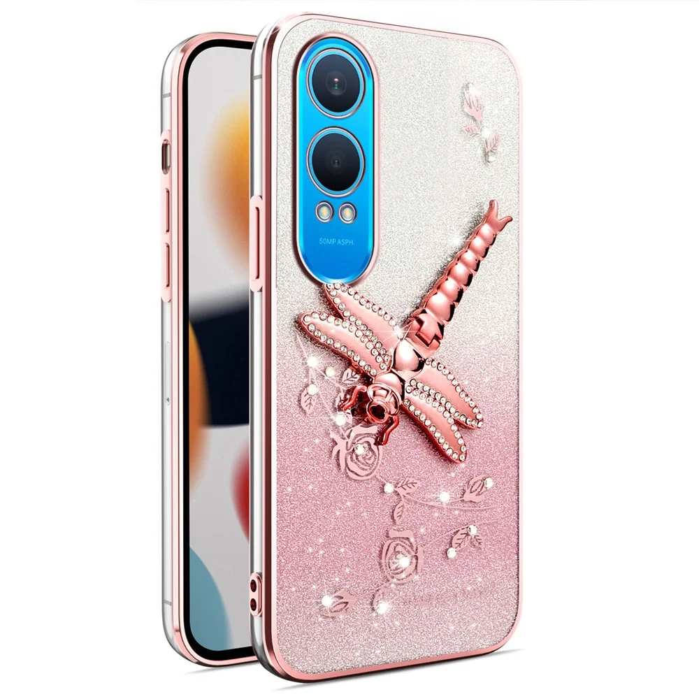 KADEM OnePlus Nord CE4 Lite 5G Hülle mit Libellen-Ständer, flexiblen Blumen und Glitzer - Rosa