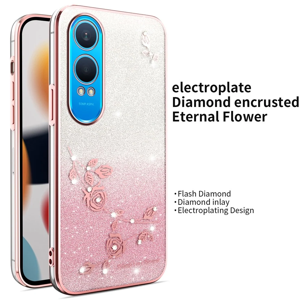 KADEM OnePlus Nord CE4 Lite 5G Hülle mit Libellen-Ständer, flexiblen Blumen und Glitzer - Rosa