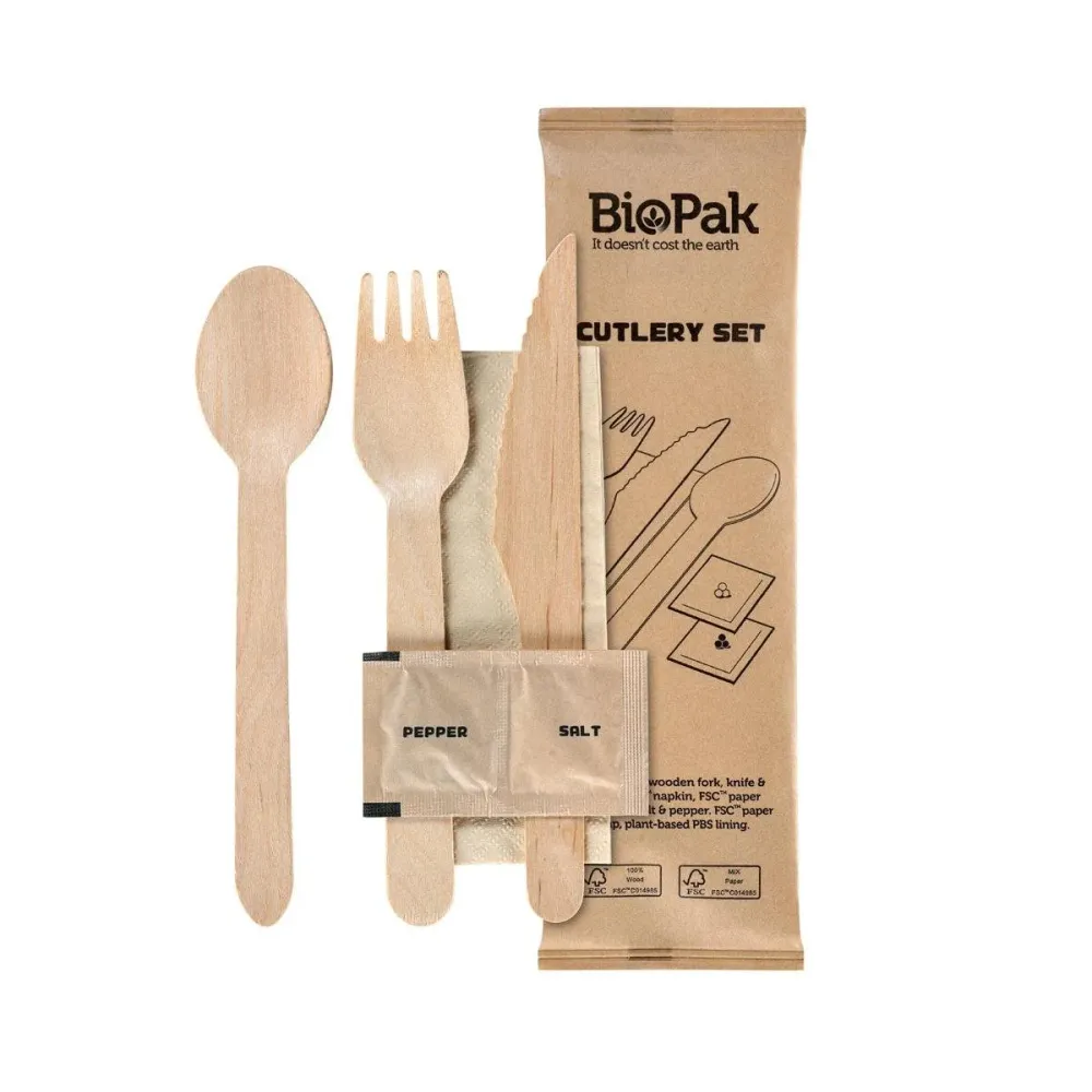 6/1 Besteck Set, Holz, Gabel & Messer, Löffel, Serviette, Salz, Pfeffer Natural gewachst 160/165/160 | Packung (250 Stück)