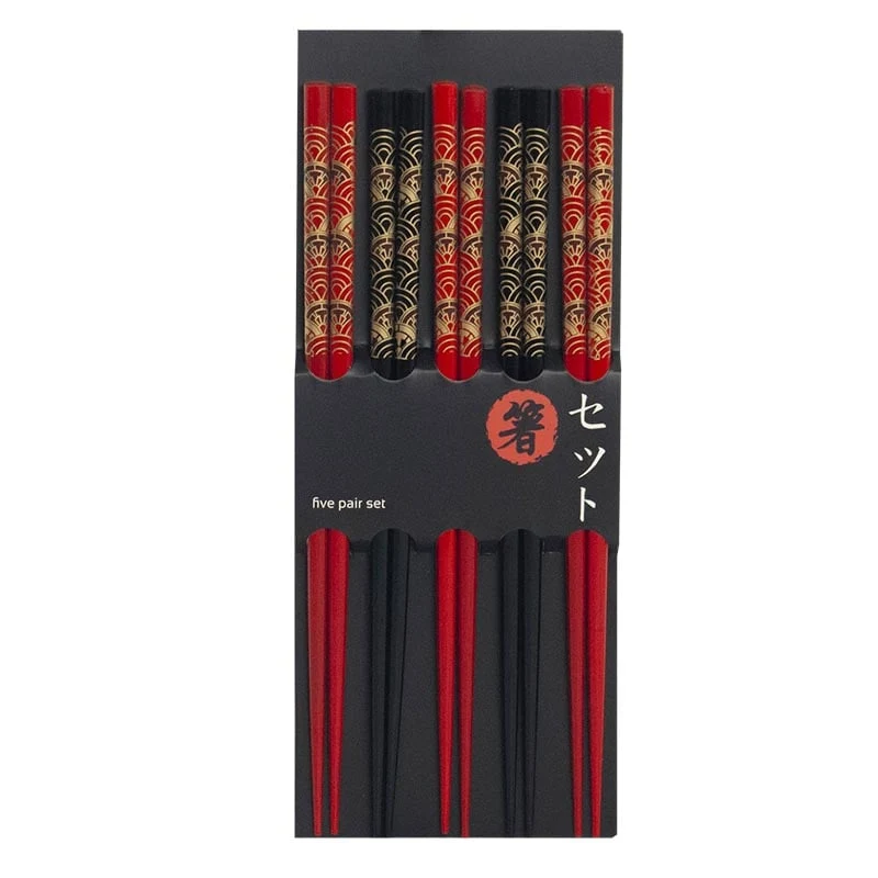 Essstäbchen mit japanischen Wellen Schwarz & Rot, 5 Paare