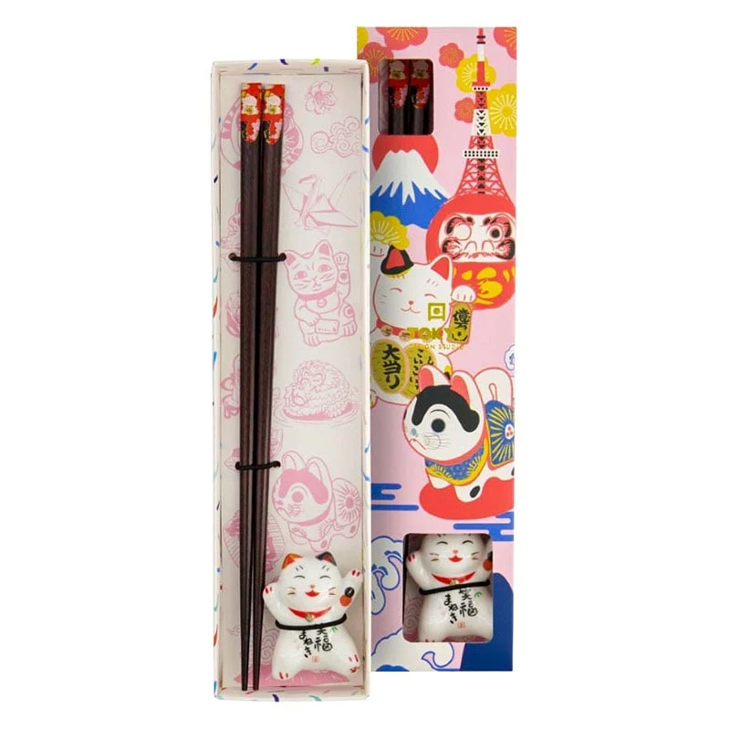 Essstäbchen mit Lucky Cat & Stäbchenablage Rot