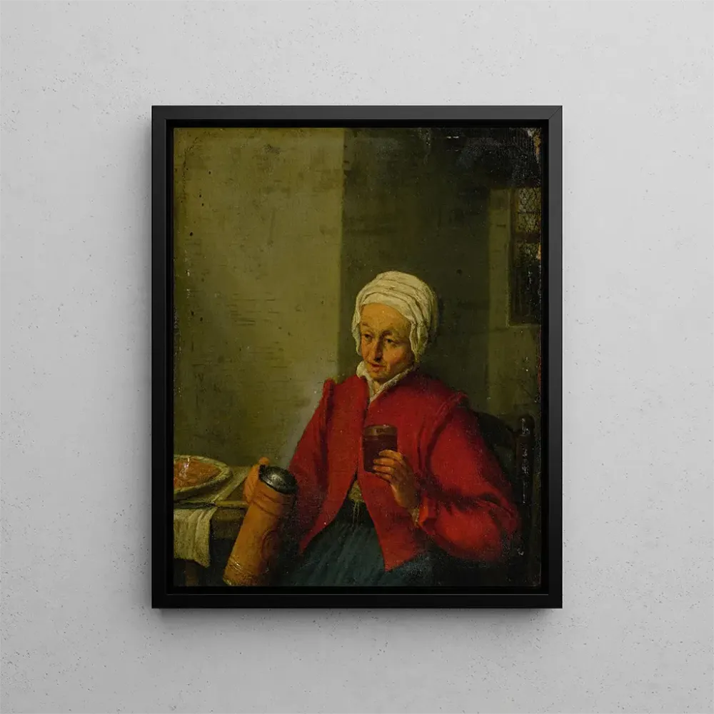 Gemälde Eine Frau, die einen Krug und eine Tasse hält - Adriaen van Ostade | Kunstdruck
