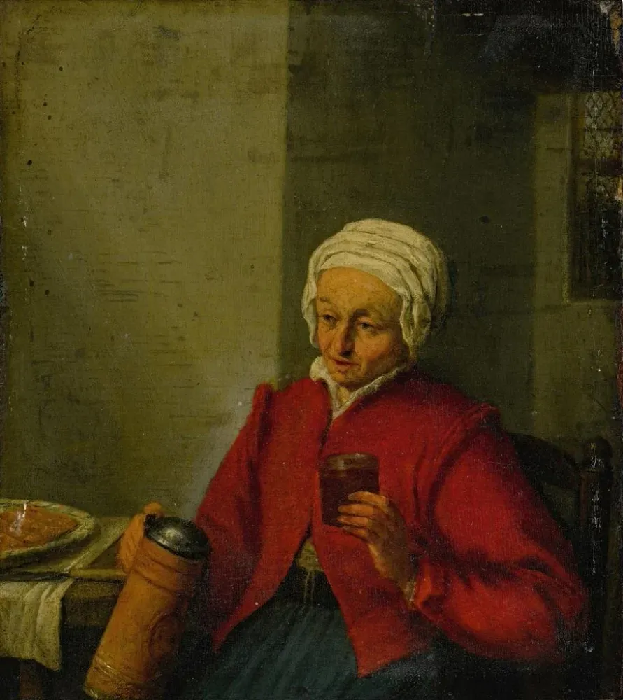 Gemälde Eine Frau, die einen Krug und eine Tasse hält - Adriaen van Ostade | Kunstdruck