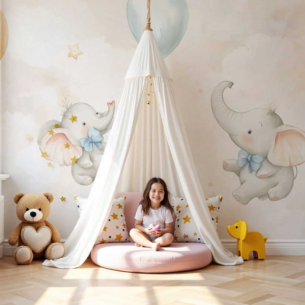 Babyzimmer Tapete | Träumende Elefanten und schwebende pastellfarbene Ballons