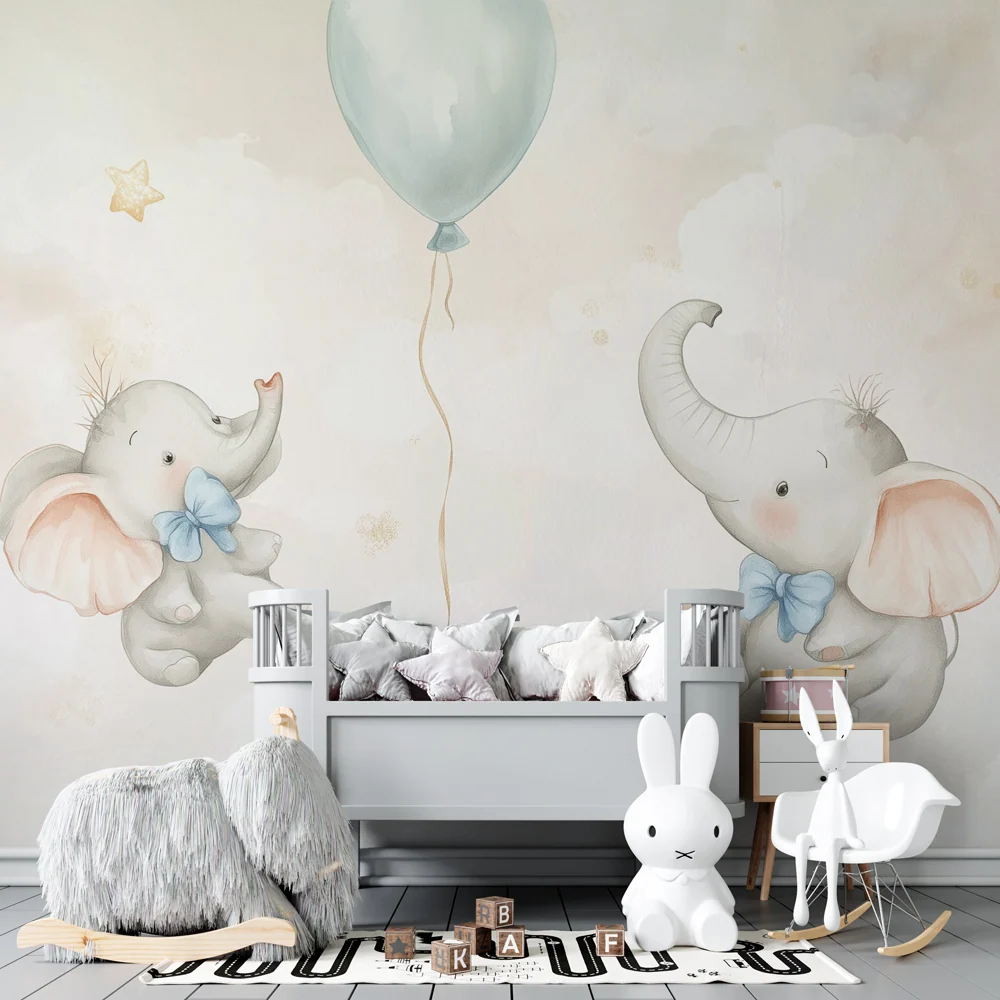 Babyzimmer Tapete | Träumende Elefanten und schwebende pastellfarbene Ballons
