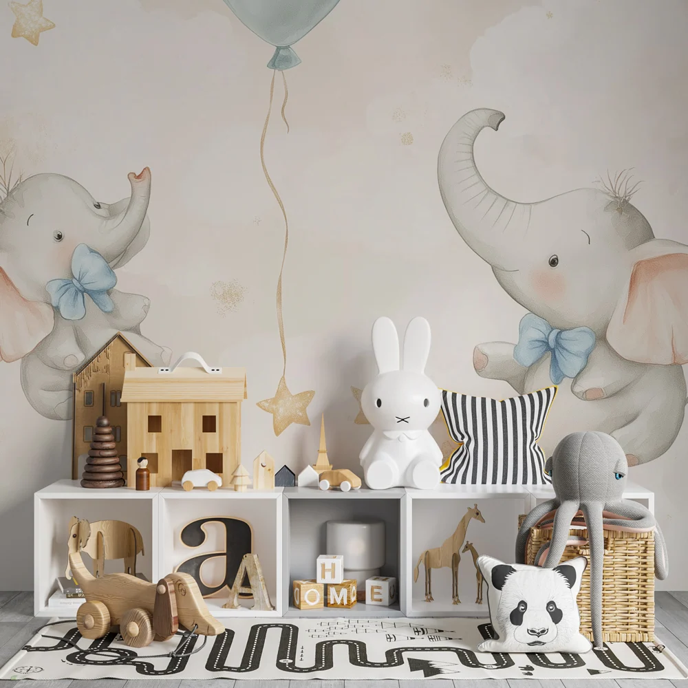 Babyzimmer Tapete | Träumende Elefanten und schwebende pastellfarbene Ballons