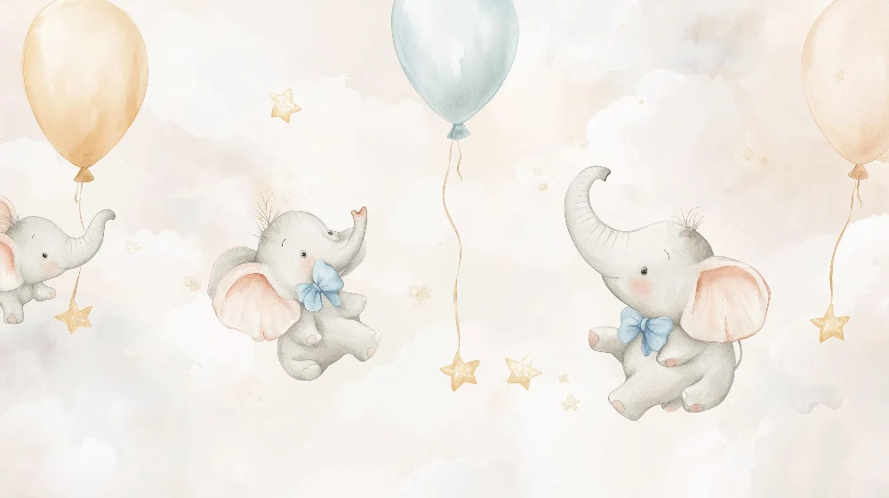 Babyzimmer Tapete | Träumende Elefanten und schwebende pastellfarbene Ballons