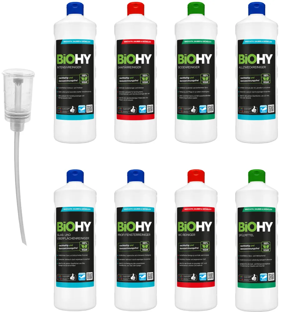BiOHY Profi Reinigungsmittel-Komplett-Set (8x1l Flasche) + Dosierer