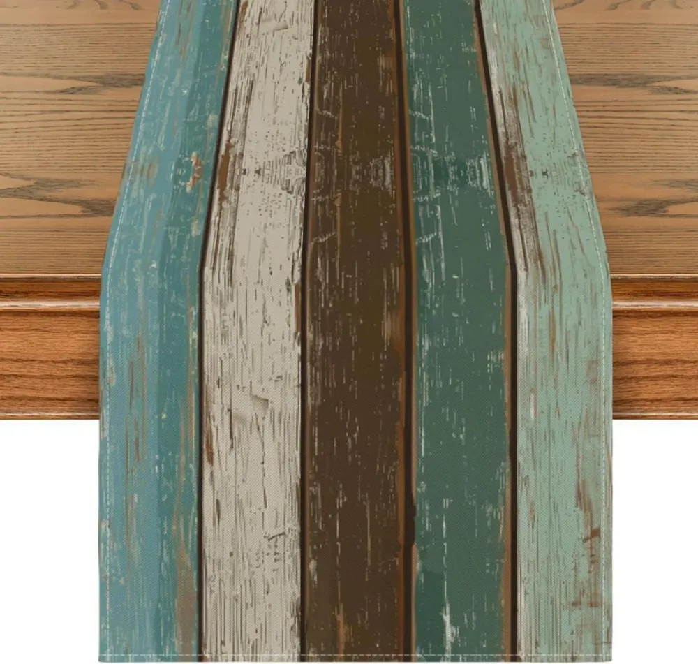 Blauer Rustikaler Holz Tischläufer Herbst Dekoration 40x180