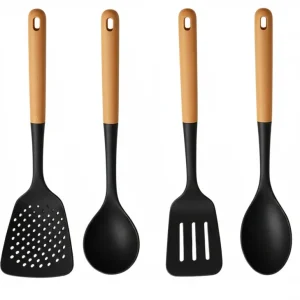 Cookinglife Kochgeschirr Set - Kochgeschirr Set - Holz schwarz 4-teilig - Schaumkelle, Suppenlöffel, Pfannenwender & Servi...