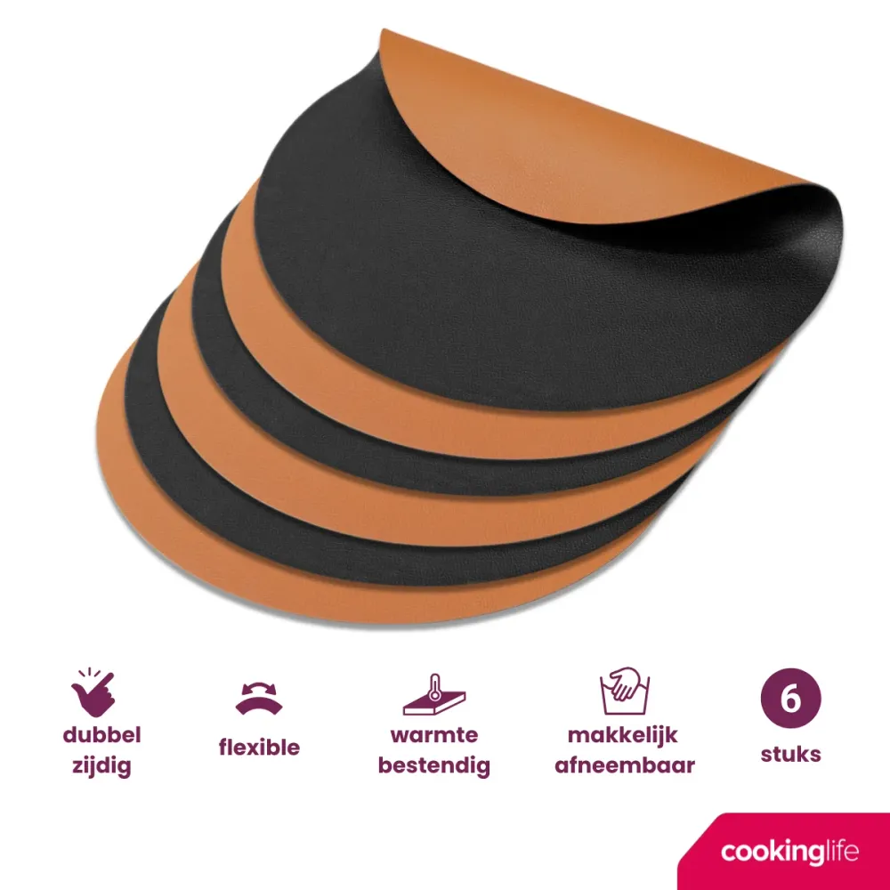 Cookinglife Tischsets - Doppelseitig - Veganes Leder - Cognac / Schwarz ø 38 cm - 6 Stück