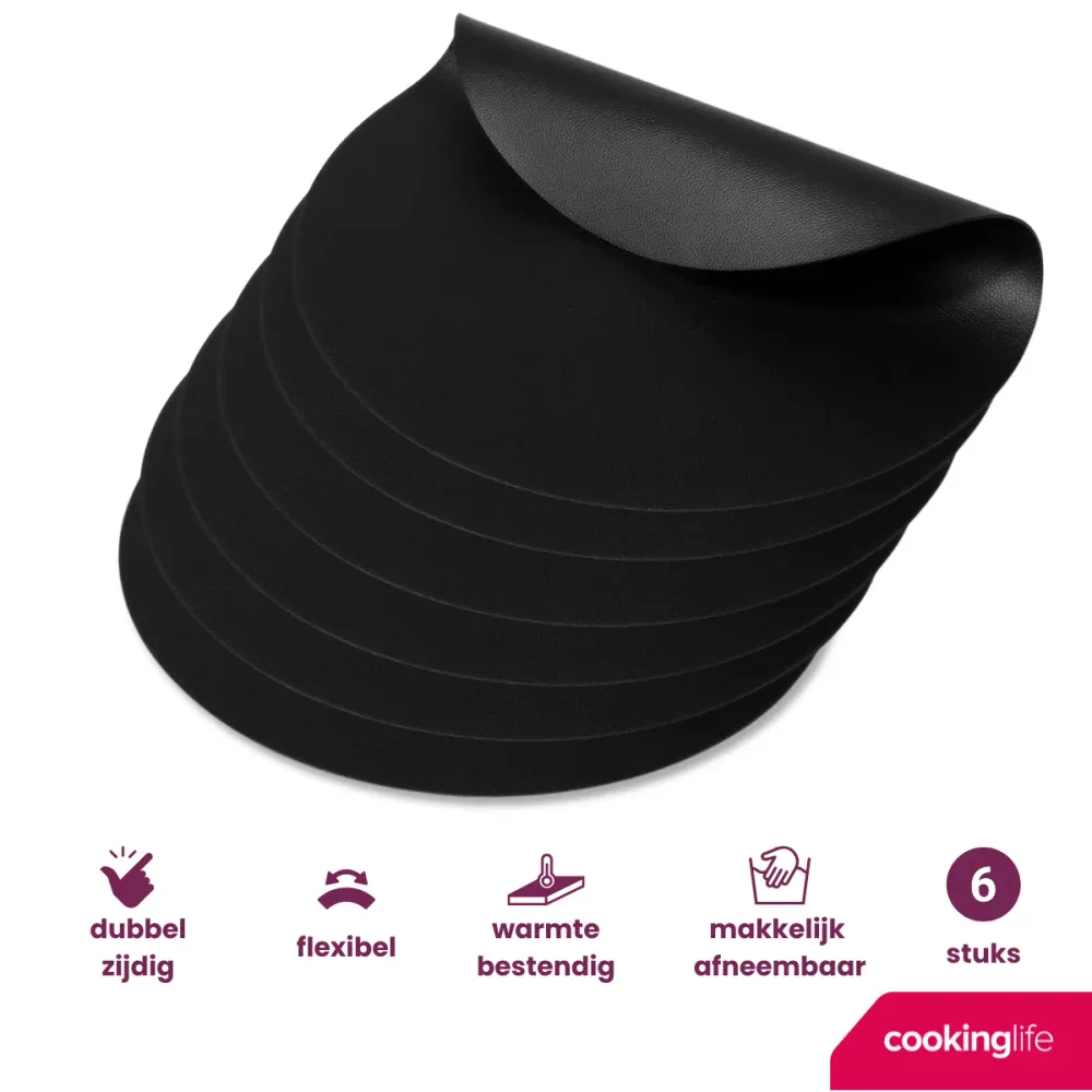 Cookinglife Tischsets - Veganes Leder - Schwarz - ø 38 cm - 6 Stück