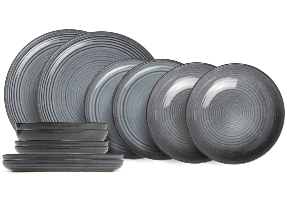 Cosy & Trendy Geschirrset Kentucky Grey - 12-teilig / 4 Personen - 4 Speiseteller, 4 Frühstücksteller und 4 Suppenteller