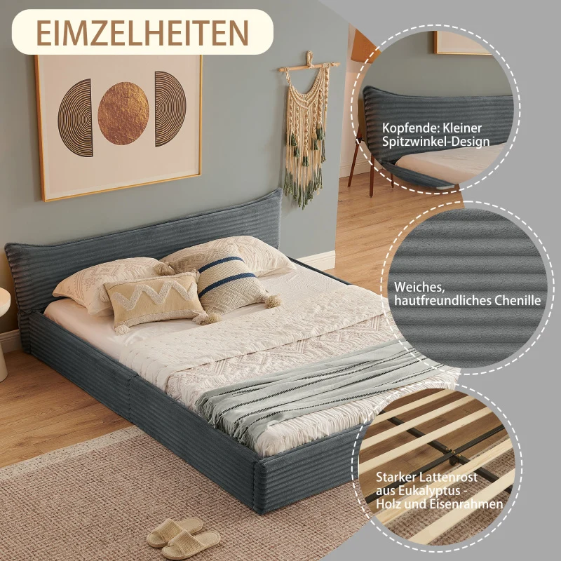 Doppelbett 140*200cm, mit Samtweichem Chenille-Bezug & Elegantem Kleinkantendesign am Kopfende, Dark Gray (ohne Matratze)