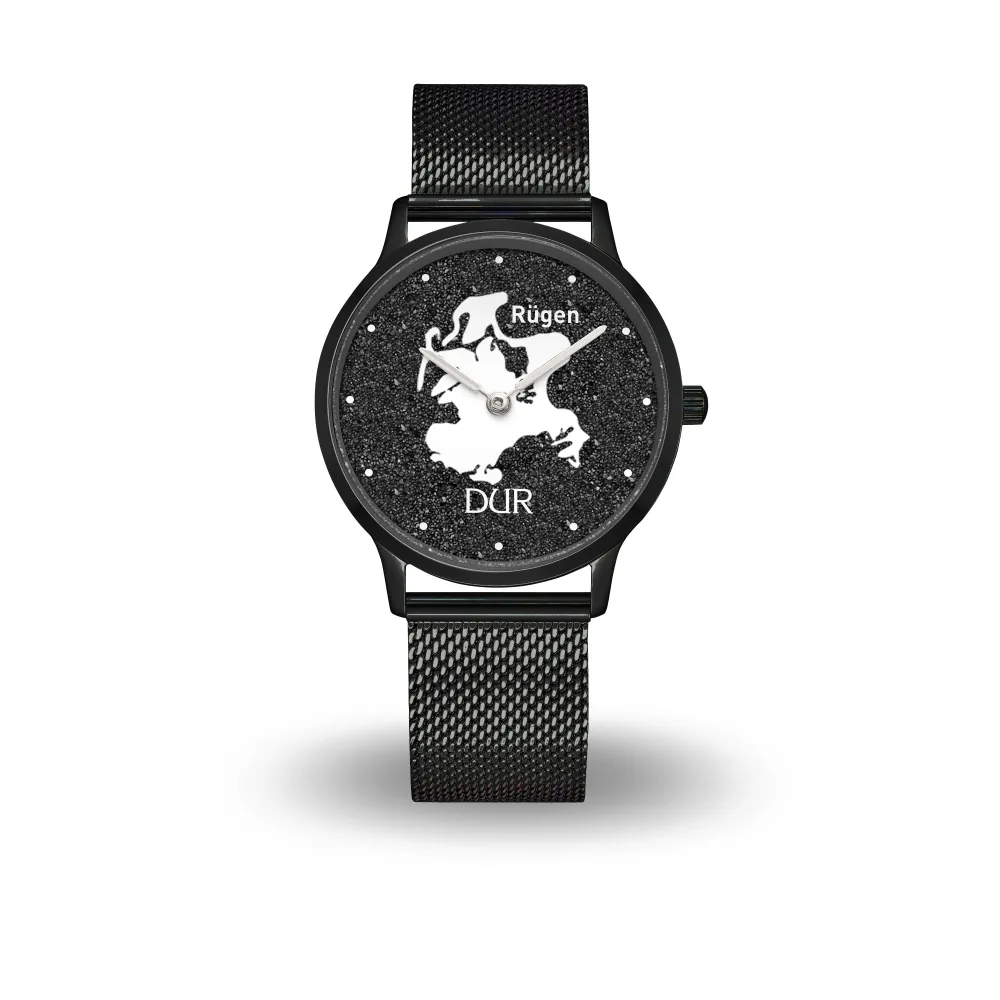 DUR Schmuck: Uhr 36er "Rügen" mit Lavasand, PVD beschichtet, Mesh Band Edelstahl, schwarz, DWE048