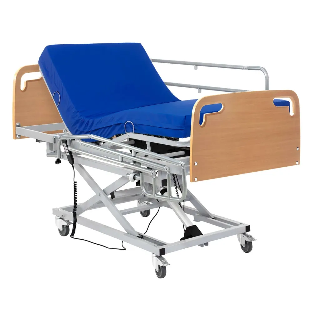 Elektrisch verstellbares Krankenhausbett mit Hubwagen, Seitengittern, medizinischer Matratze und Kopf- und Fußteil