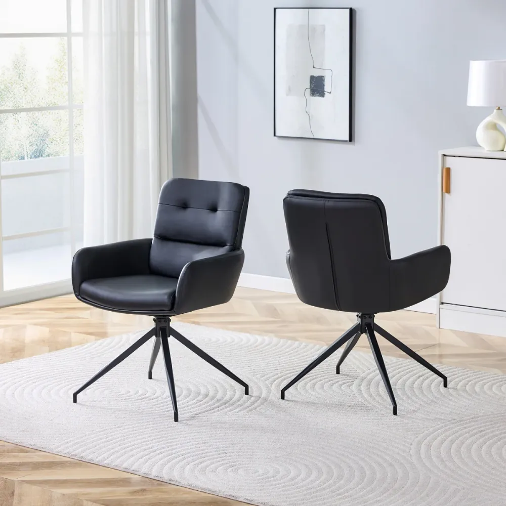 Esszimmerstuhl 2er Set Schwarz PU Beschichtung 360 Grad Schalldrehend Schwarze Metallbeine Europäischer Leichter Luxus Dre...