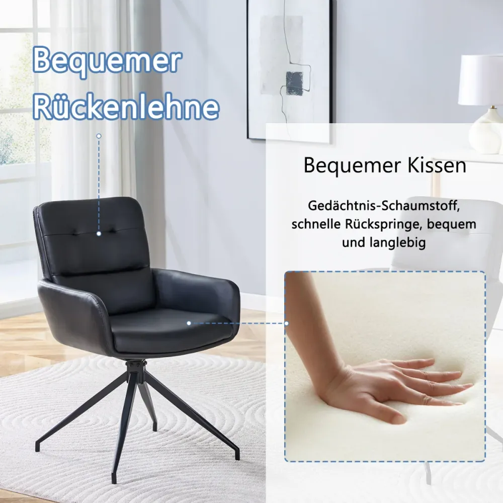 Esszimmerstuhl 2er Set Schwarz PU Beschichtung 360 Grad Schalldrehend Schwarze Metallbeine Europäischer Leichter Luxus Dre...
