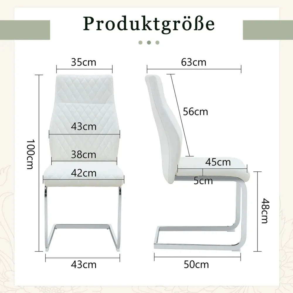 Esszimmerstuhl 2er Set Weiß Rautenmuster Hohe Rückenlehne Komfortables Sitzpolster Silberfarbener Metallrahmen Rutschfest...