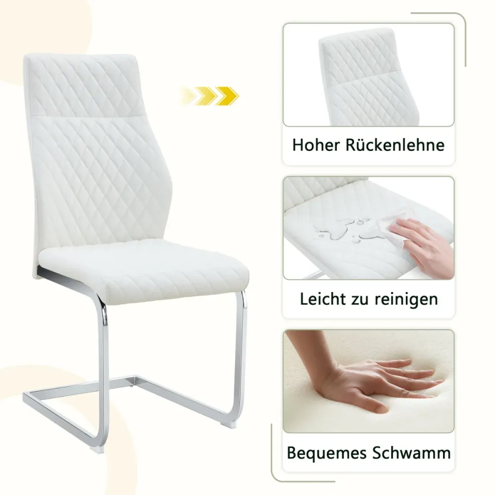 Esszimmerstuhl 2er Set Weiß Rautenmuster Hohe Rückenlehne Komfortables Sitzpolster Silberfarbener Metallrahmen Rutschfest...