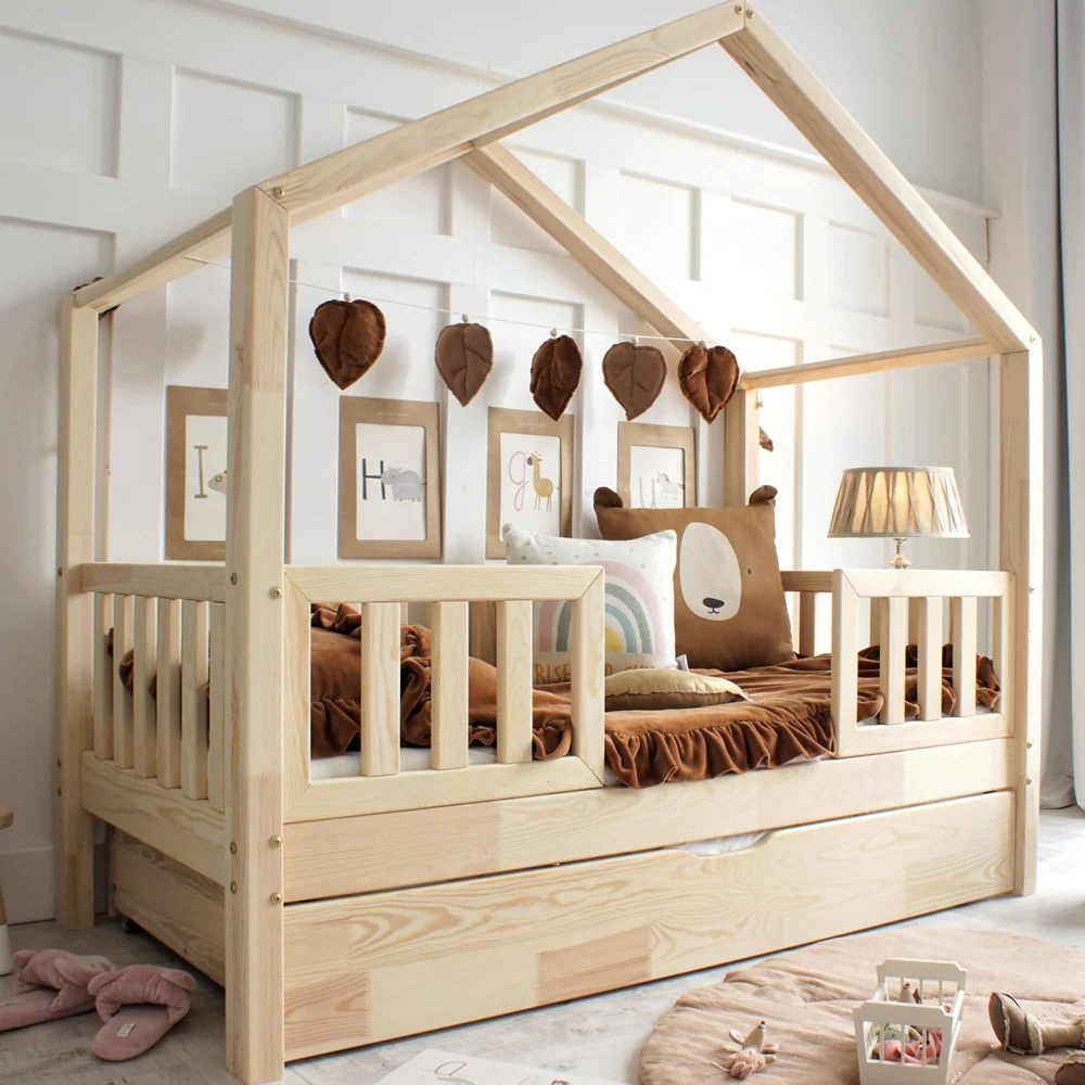 Express Kinder Hausbett Domi Mi Plus mit Rausfallschutz & Schublade aus Holz