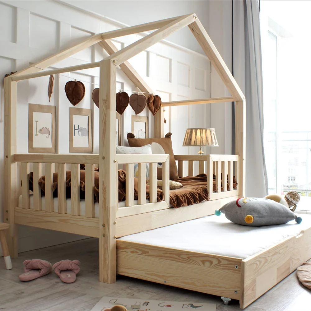 Express Kinder Hausbett Domi Mi Plus mit Rausfallschutz & Schublade aus Holz