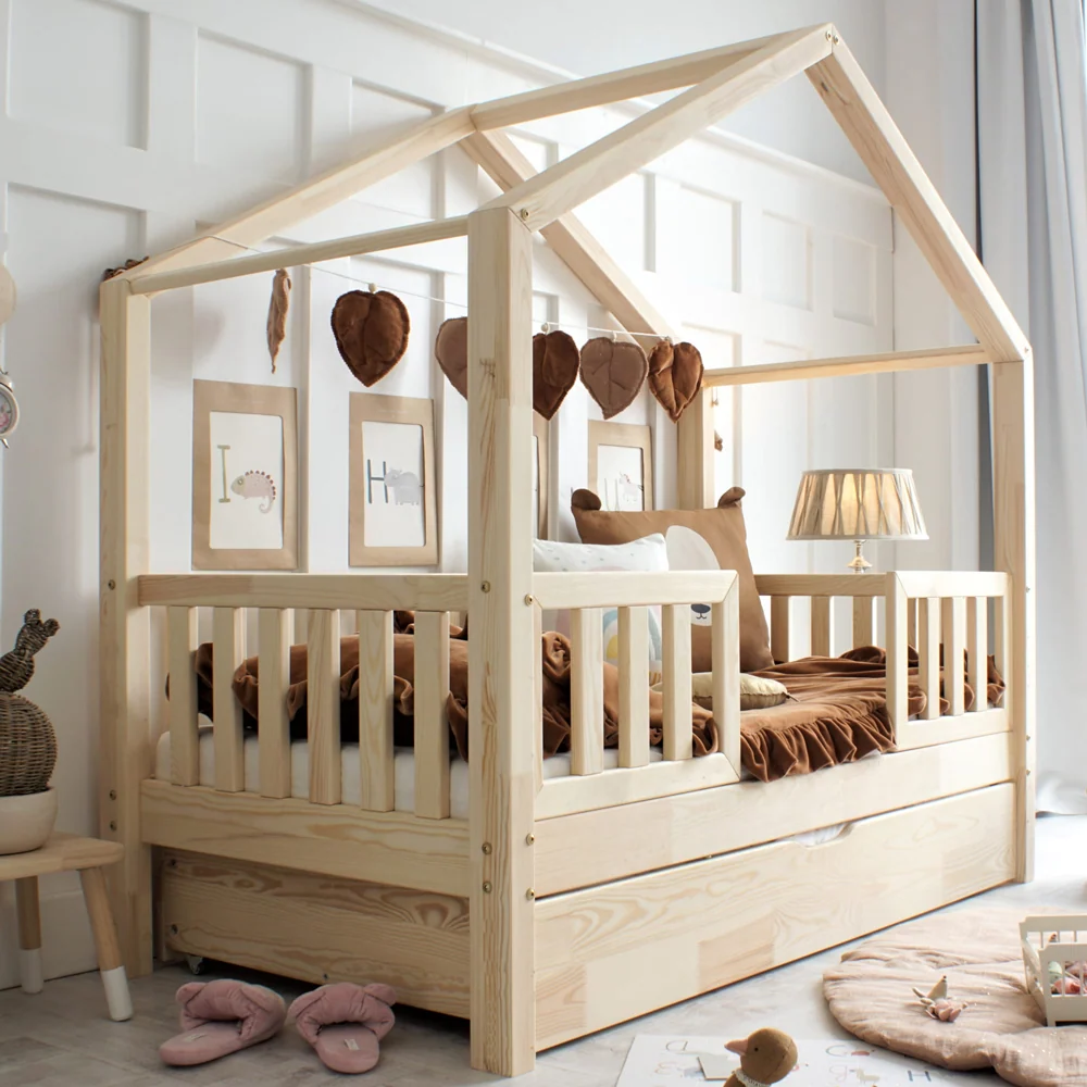 Express Kinder Hausbett Domi Mi Plus mit Rausfallschutz & Schublade aus Holz