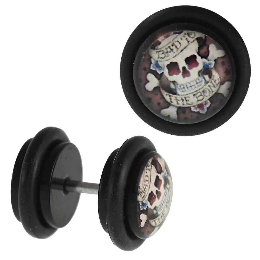 Fake Piercing Plug Totenkopf Knochen überkreuzt Band Schriftzug Gummiring 7 mm