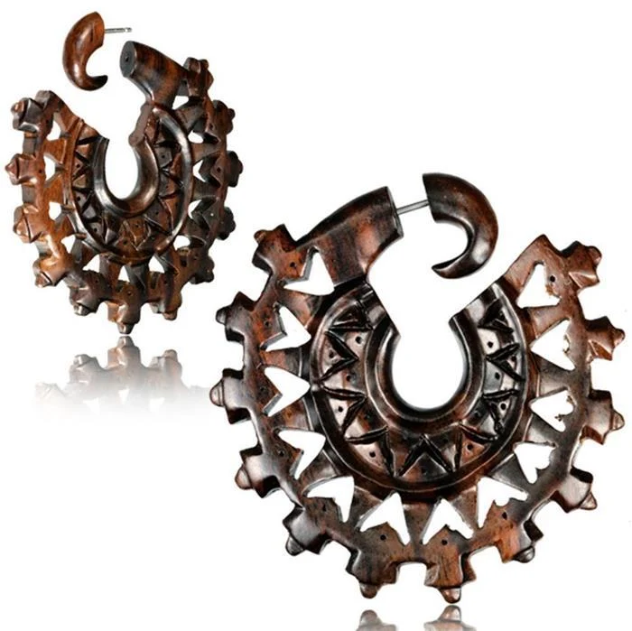 Fake Piercing Zackenrad Holz Edelstahl handgeschnitzt groß dunkelbraun Dehner