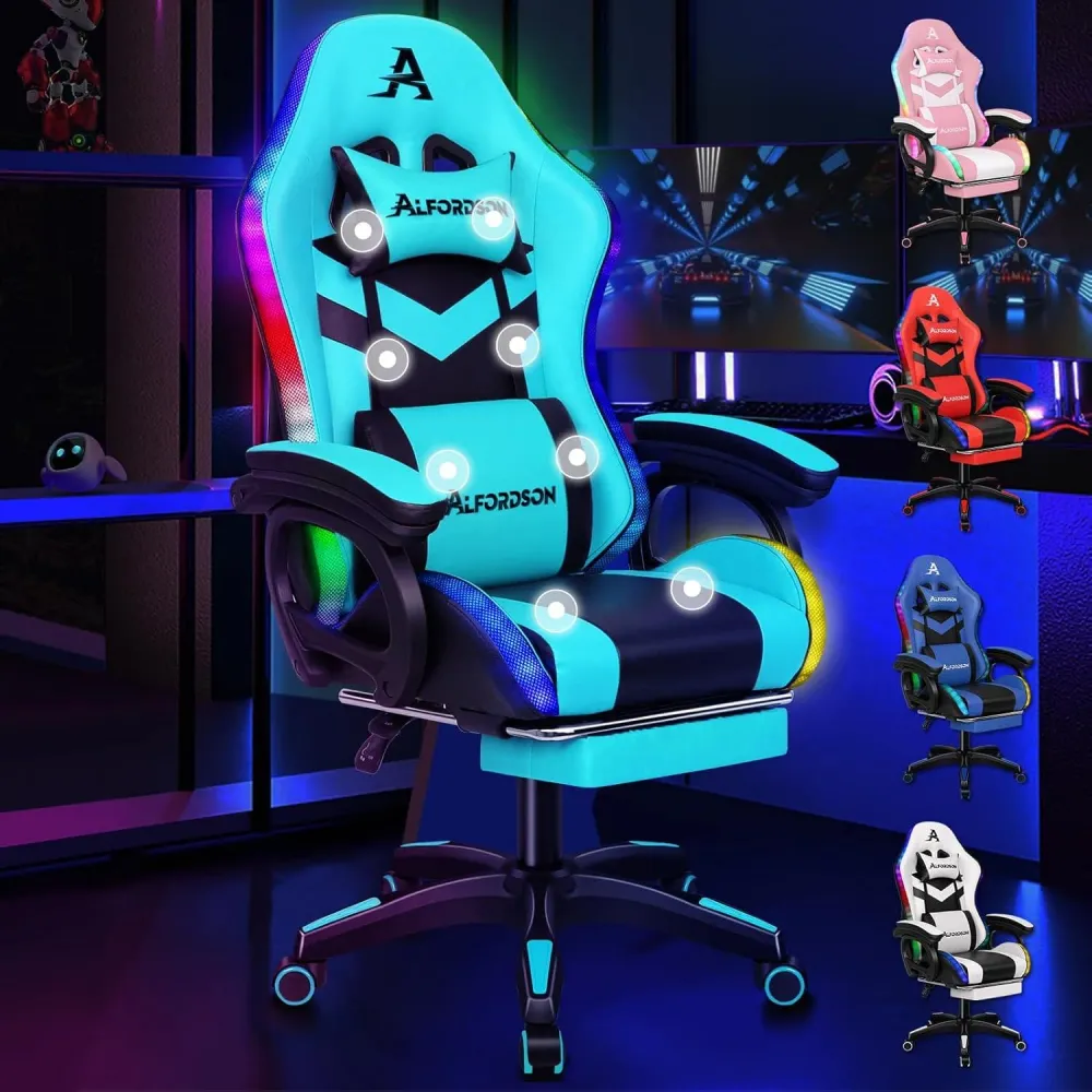 Gaming-Stuhl mit Massage, RGB-LED, ergonomisch, Fußstütze-n