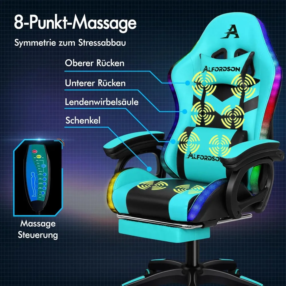 Gaming-Stuhl mit Massage, RGB-LED, ergonomisch, Fußstütze-n