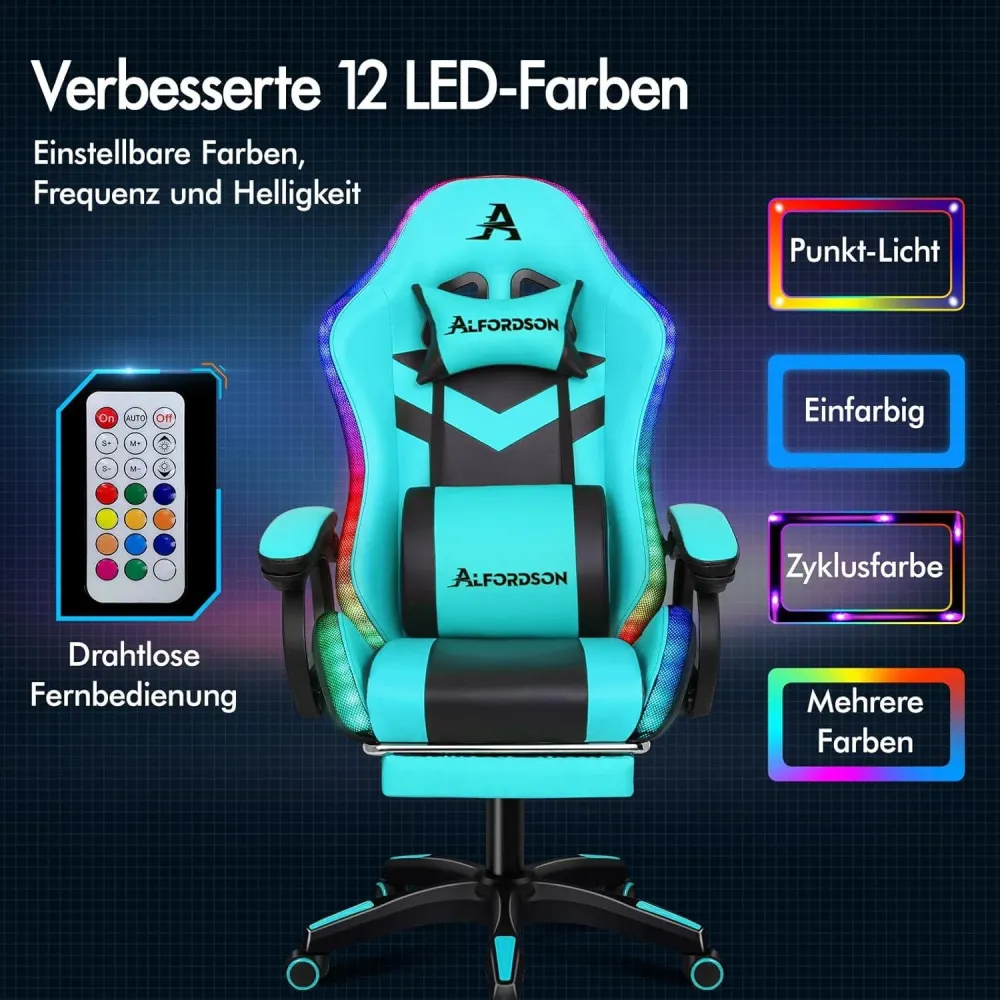Gaming-Stuhl mit Massage, RGB-LED, ergonomisch, Fußstütze-n